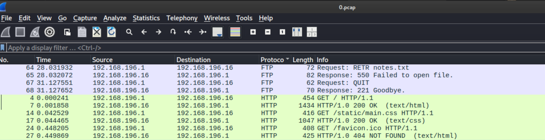 0.pcap open in Wireshark showing FTP packets